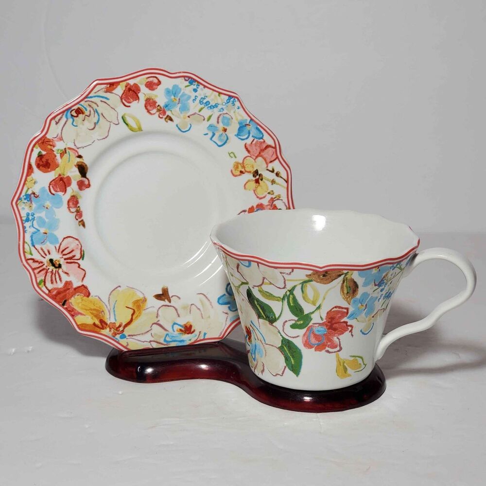 222 Fifth Teacup and Saucer Orange and Blue Flowers